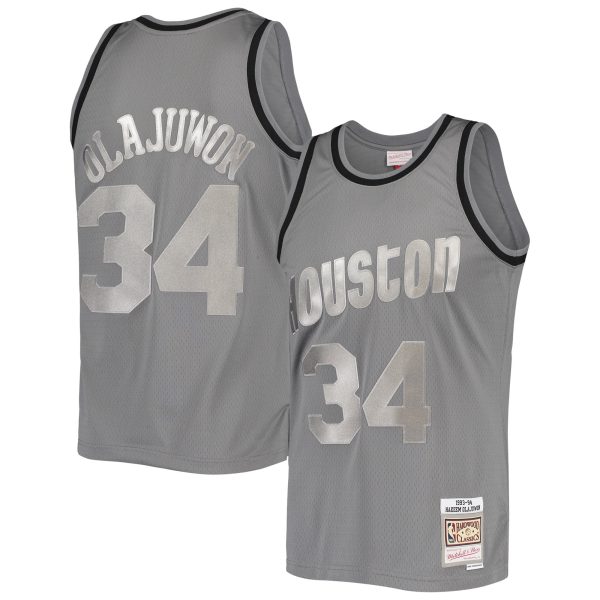 Men's Houston Rockets Hakeem Olajuwon Mitchell & Ness Charcoal Hardwood Classics Retired Player 1993/94 Metal Works Swingman Jersey