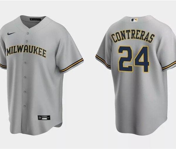 Men's Milwaukee Brewers #24 William Contreras Grey Cool Base Stitched Baseball Jersey