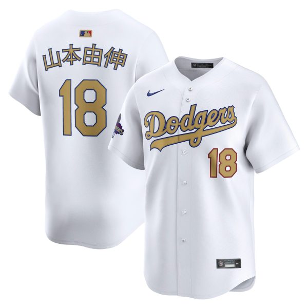 Men's #18 Yoshinobu Yamamoto Los Angeles Dodgers Nike 2025 Gold Collection Kanji Limited White Jersey