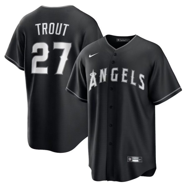 Men's Los Angeles Angels #27 Mike Trout Nike Black Lights Out Replica Player Jersey