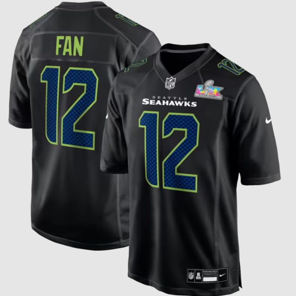 Men's Seattle Seahawks 12s Nike Black Super Bowl LX Patch Carbon Fashion Game Jersey
