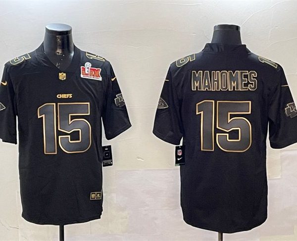 Youth Kansas City Chiefs #15 Patrick Mahomes Black Gold Super Bowl LIX Vapor Limited Stitched Jersey