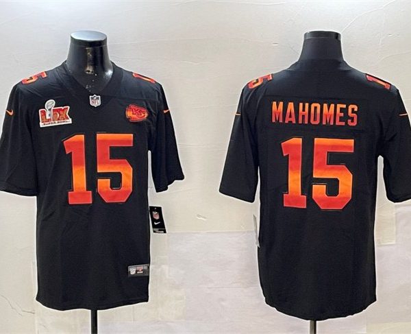 Youth Kansas City Chiefs #15 Patrick Mahomes Black Super Bowl LIX Fashion Vapor Limited Stitched Jersey