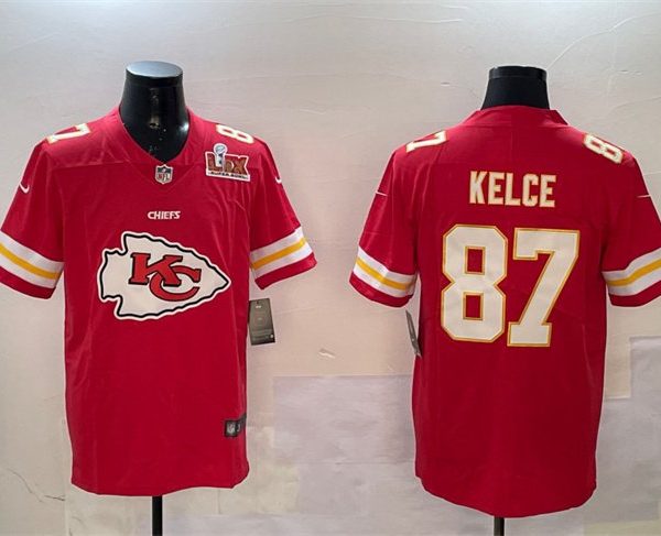 Youth Kansas City Chiefs #87 Travis Kelce Red Super Bowl LIX Team Big Logo Vapor Limited Stitched Jersey