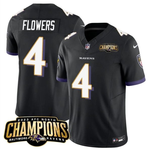 Men's Baltimore Ravens #4 Zay Flowers Black 2023 F.U.S.E. AFC North Champions Vapor Limited NFL Jersey