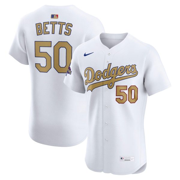 Men's #50 Mookie Betts Los Angeles Dodgers Nike 2025 Gold Collection Elite White Jersey