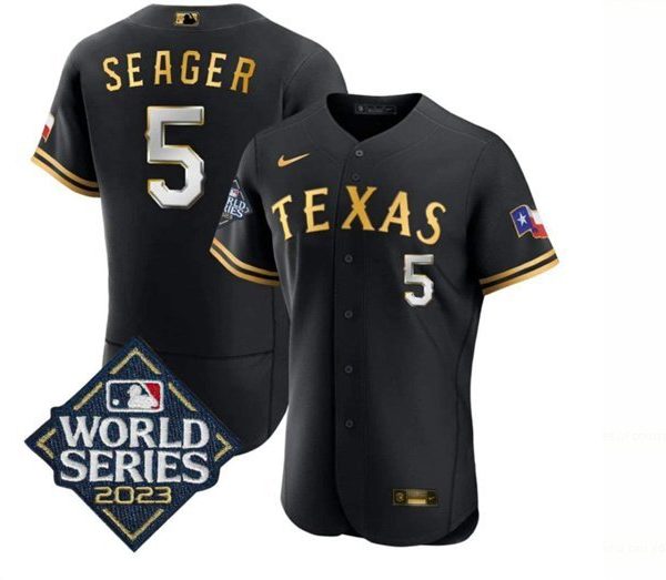 Men's Texas Rangers #5 Corey Seager Black Gold 2023 World Series Flex Base Stitched MLB Jersey