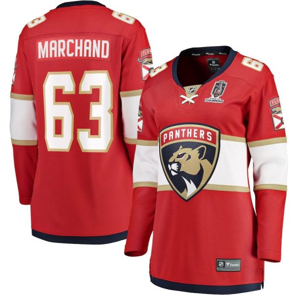 Women's #63 Brad Marchand Florida Panthers 2025 Stanley Cup Champions Breakaway Red Jersey