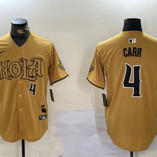 Men's New Orleans Saints #4 Derek Carr Nike Yellow Nola Stitched Baseball Jersey