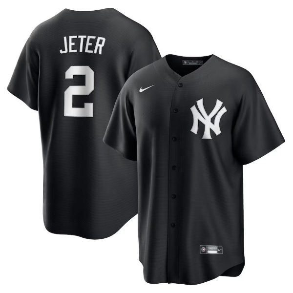 Men's New York Yankees #2 Derek Jeter Nike Black Lights Out Replica Player Jersey