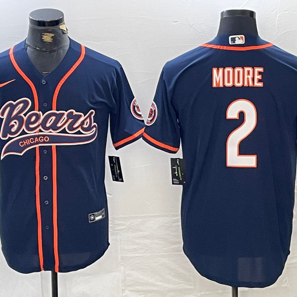 Men's Chicago Bears #2 DJ Moore Navy Blue Limited Baseball Jersey