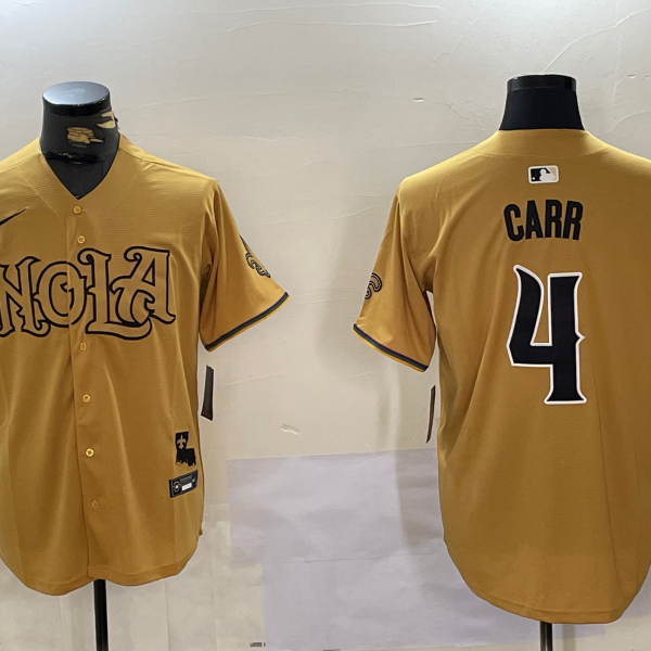 Men's New Orleans Saints #4 Derek Carr Nike Yellow Nola Stitched Baseball Jersey