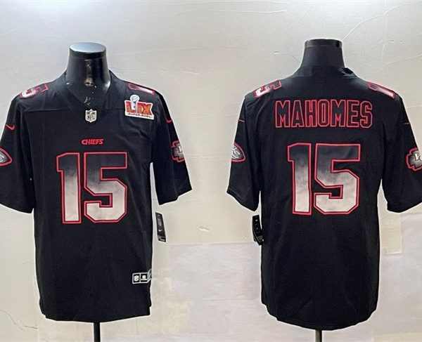 Youth Kansas City Chiefs #15 Patrick Mahomes Black Super Bowl LIX Smoke Fashion Vapor Limited Stitched Jersey