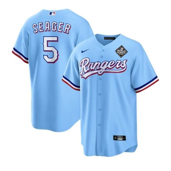 Men's Texas Rangers #5 Corey Seager Blue 2023 World Series Stitched MLB Jersey