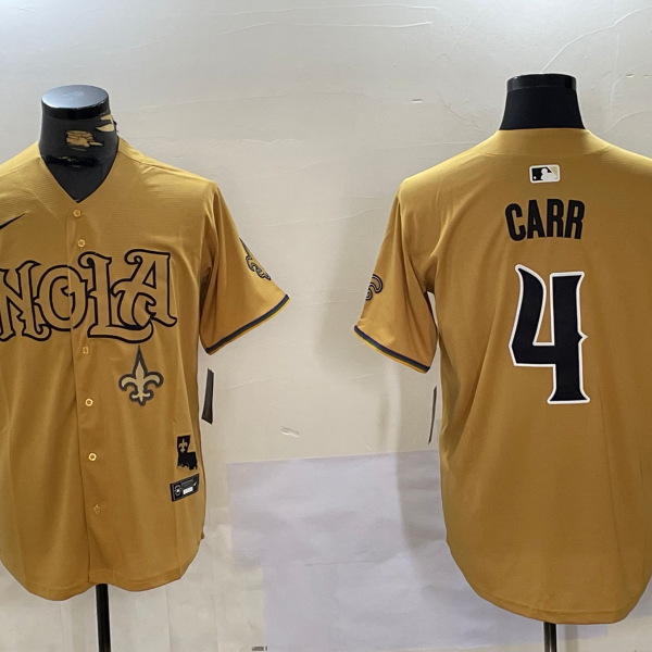 Men's New Orleans Saints #4 Derek Carr Nike Yellow Nola Stitched Baseball Jersey