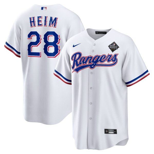 Men's Texas Rangers #28 Jonah Heim Nike White 2023 World Series Replica Player Jersey