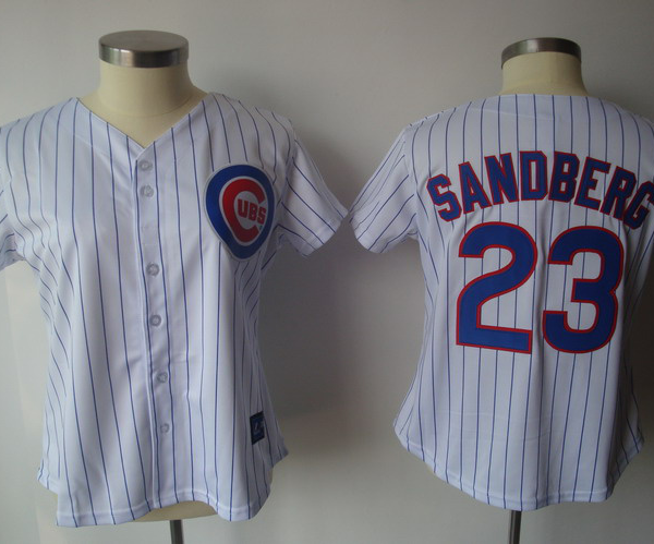 Chicago Cubs #23 Ryne Sandberg White Blue Strip Women's Fashion Stitched MLB Jersey