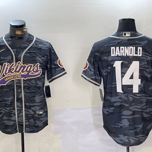 Men's Minnesota Vikings #14 Sam Darnold Camouflage Cool Base Stitched Baseball Jersey