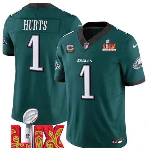 Youth Philadelphia Eagles #1 Jalen Hurts Green Super Bowl LIX With 3-Star C Patch F.U.S.E. Vapor Untouchable Limited Stitched Jersey