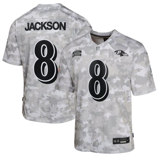 Youth Baltimore Ravens #8 Lamar Jackson Nike Arctic Camo 2024 Salute to Service Game Jersey