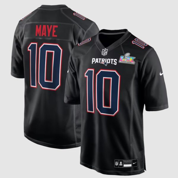 Men's New England Patriots Drake Maye Nike Black Super Bowl LX Patch Carbon Fashion Game Jersey