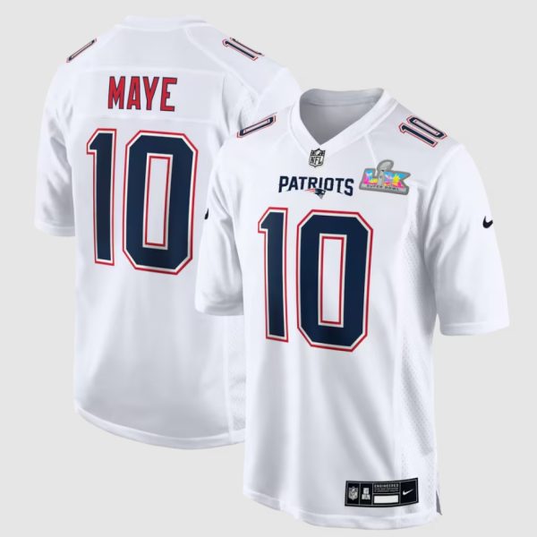 Men's New England Patriots Drake Maye Nike White Super Bowl LX Patch Tundra Fashion Game Jersey